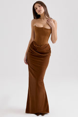 Persephone Coffee Velvet Strapless Corset Maxi Dress