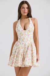 Valentia Ivory Meadow Print Cotton Halter Mini Dress