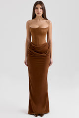 Persephone Coffee Velvet Strapless Corset Maxi Dress