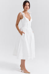 Hattie White Pin Tuck Cotton Midi Sundress
