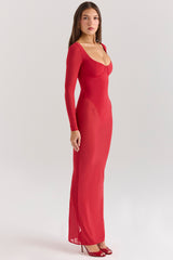 Everly Holly Red Mesh Maxi Dress with Bodysuit