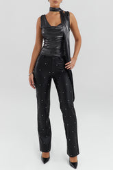 Mistress Rocks Black Vegan Leather Crystal Embellished Trousers - SALE