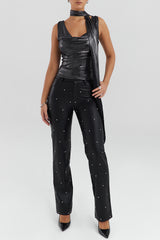 Mistress Rocks Black Vegan Leather Crystal Embellished Trousers - SALE