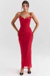 Nalini Holly Red Stretch Mesh Corset Maxi Dress