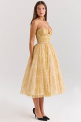 Madame Gold Metallic Lace Tulle Midi Gown