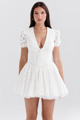 Imani White Pleated Broderie Anglais Mini Dress