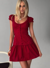 Ottillie Lace Trim Button Down Mini Dress Red Polka Dot