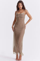 Alondra Cafe Au Lait Beaded Maxi Dress - Limited Edition
