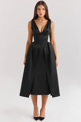 Paloma Black Satin Twist Strap Midi Dress - SALE