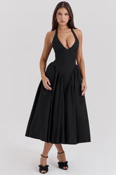 Marilyn Black Twill Halter Midi Dress