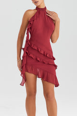 Mistress Rocks Sangria Ruffe Halter Dress - SALE