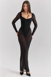 Everly Black Mesh Maxi Dress with Bodysuit