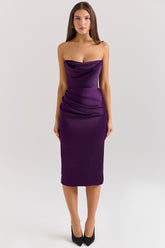 Santana Grape Satin Strapless Midi Dress