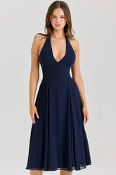Solada Navy Georgette Halter Midi Dress