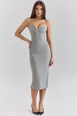 Kiki Light Grey Mesh Panelled Bodycon Midi Dress
