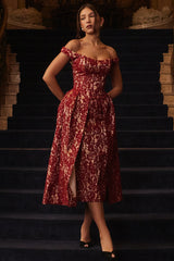 Charming Gold and Berry Lace Midi Off Shoulder Dress