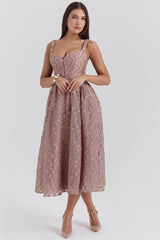 Lovely French Rose Jacquard Sweetheart Neckline Midi Dress - SALE