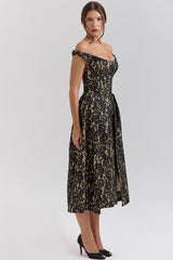 Charming Black Gold Lace Off Shoulder Midi Gown