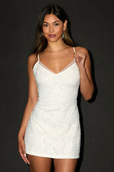 Emmiline White Mesh Embroidered Sequin Mini Dress