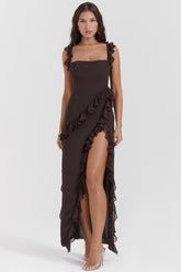 Ariela Espresso Ruffle Maxi Dress