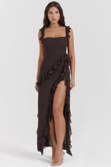 Ariela Espresso Ruffle Maxi Dress
