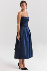 Bellina Midnight Blue Strapless Detachable Bow Midi Dress