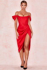Loretta Red Satin Off Shoulder Dress