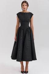 Debutante Black Moire Satin Backless Midi Dress