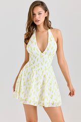 Iris Lemon Floral Print Georgette Halter Neck Mini Dress