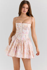 Ysabella Peach Floral Print Stretch Cotton Mini Sundress