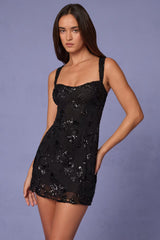 Embellished A-line Mini Dress in Black