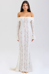 Belle Vintage Cream Floral Lace Off Shoulder Maxi Dress