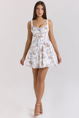 Kimmie White Floral Ribbon Print Cotton Mini Dress