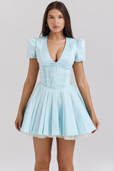 Imani Delicate Blue Satin Pleated Mini Dress