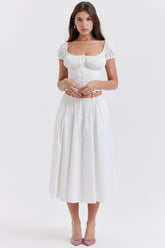 Cora White Gathered Midi Skirt