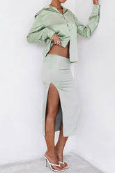 Over YouMistress Rocks Sage Satin Midi Skirt - SALE
