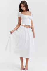 Cora White Gathered Midi Skirt