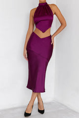 Mistress Rocks Plum Satin V-Shaped Midi Skirt - SALE