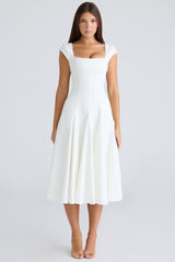 Raisa White Square Neck Twill Midi Dress