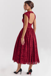 Debutante Berry Lace Backless Midi Dress