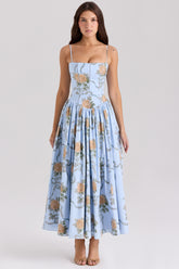 Ysabella Blue Vintage Rose Print Cotton Midi Sundress