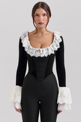 Jacinda Black Velvet Lace Trimmed Corset Top - SALE