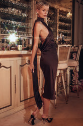 Angelina Chocolate Wrap Neck Midi Dress