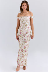 Isis Vintage Cream Floral Print Corset Maxi Dress