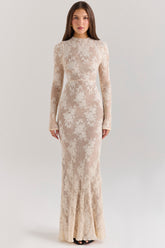 Isoline Peach Lace Maxi Dress