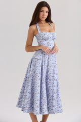 Claudia Blue Floral Print Stretch Cotton Halter Neck Midi Dress