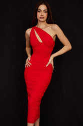 Valentina Scarlet Asymmetric Cutout Midi Dress