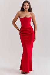 Persephone Scarlet Strapless Corset Maxi Dress