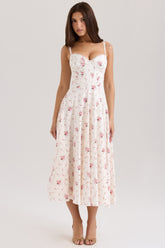 Steffani White Stretch Cotton Rose Print Midi Sundress