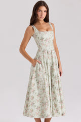 Mariabella Sage Floral Print Cotton Midi Dress